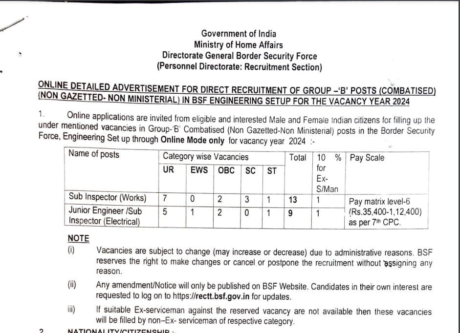 BSF Air Wing and Engineering Vacancy 2024
